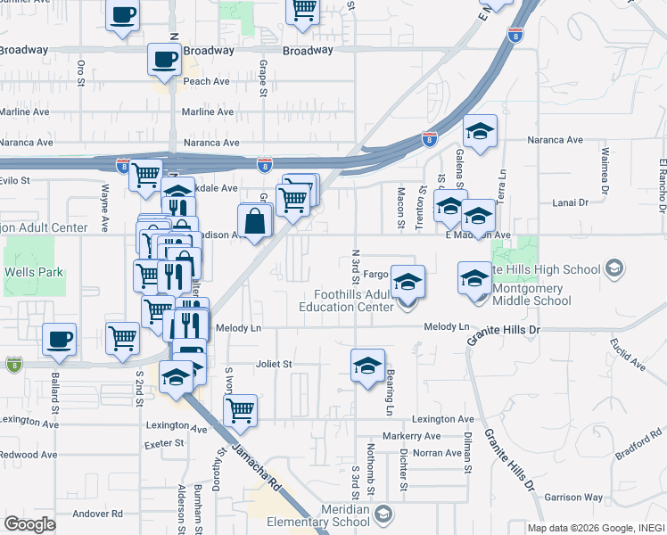 map of restaurants, bars, coffee shops, grocery stores, and more near 378 Tiny Lane in El Cajon