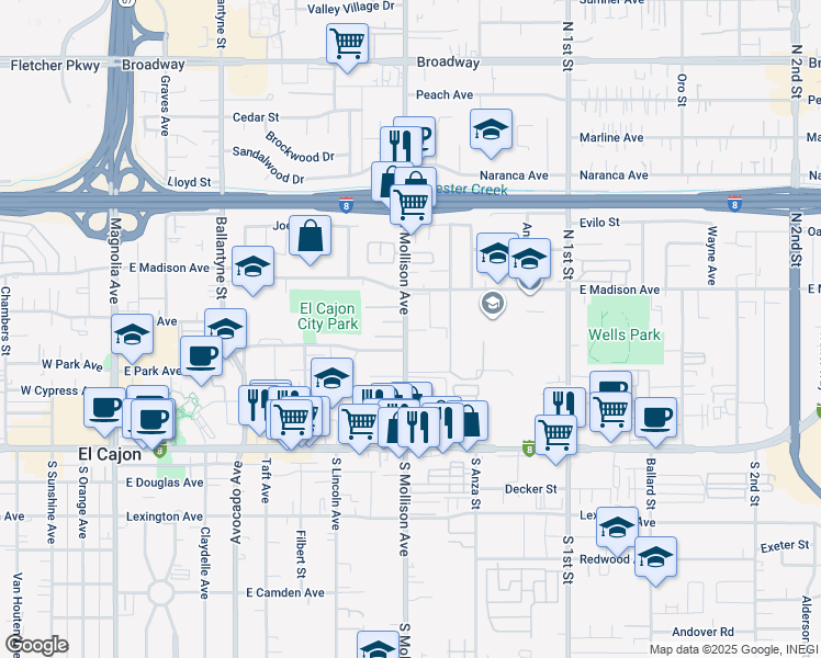 map of restaurants, bars, coffee shops, grocery stores, and more near 364 Dominguez Way in El Cajon