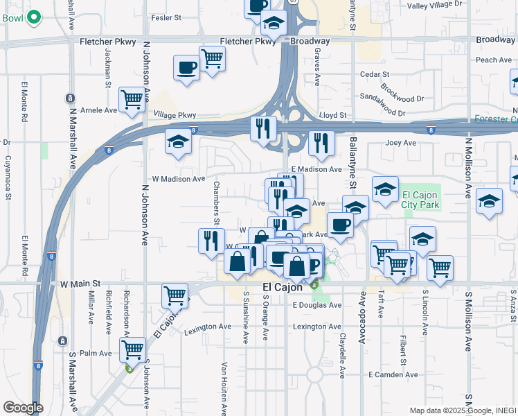 map of restaurants, bars, coffee shops, grocery stores, and more near 241 Wisconsin Avenue in El Cajon
