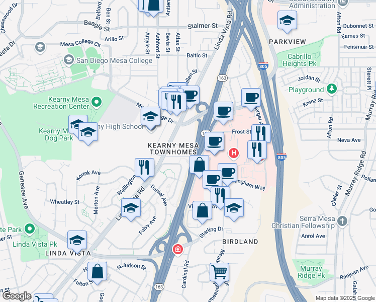 map of restaurants, bars, coffee shops, grocery stores, and more near 7675 Family Circle in San Diego