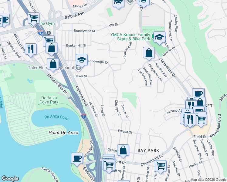 map of restaurants, bars, coffee shops, grocery stores, and more near 3742 Crete Street in San Diego