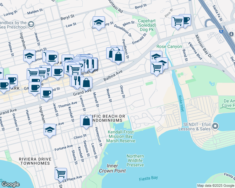 map of restaurants, bars, coffee shops, grocery stores, and more near 2157 Thomas Avenue in San Diego