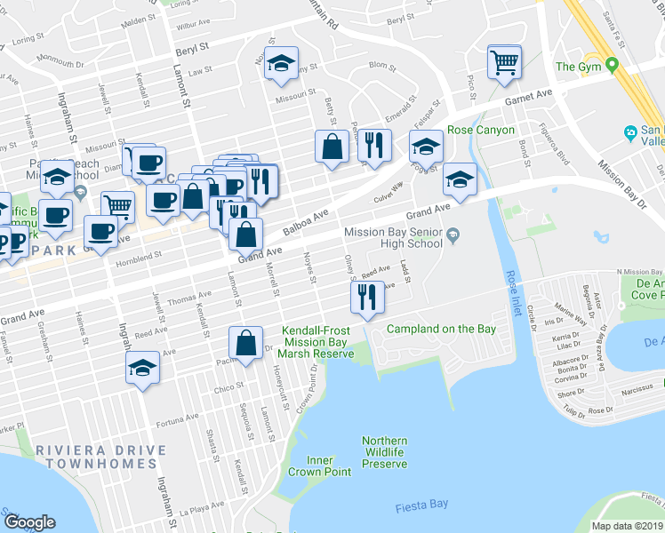 map of restaurants, bars, coffee shops, grocery stores, and more near 2157 Thomas Avenue in San Diego