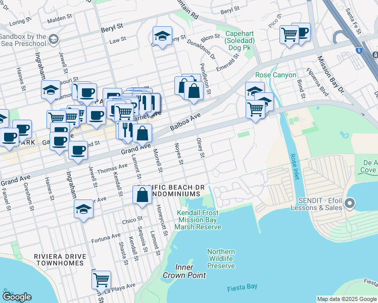 map of restaurants, bars, coffee shops, grocery stores, and more near 2157 Thomas Avenue in San Diego