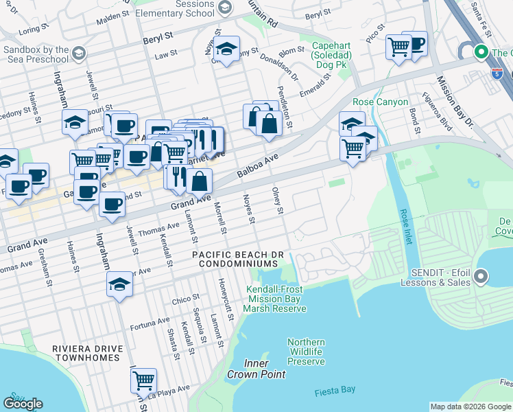 map of restaurants, bars, coffee shops, grocery stores, and more near 2076 Thomas Avenue in San Diego