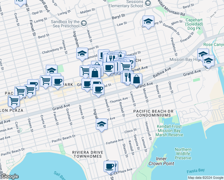 map of restaurants, bars, coffee shops, grocery stores, and more near in San Diego