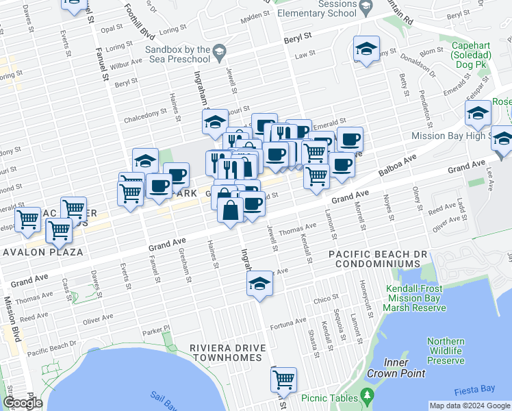 map of restaurants, bars, coffee shops, grocery stores, and more near 1703 Hornblend Street in San Diego