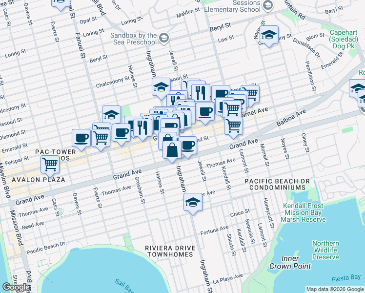 map of restaurants, bars, coffee shops, grocery stores, and more near in San Diego