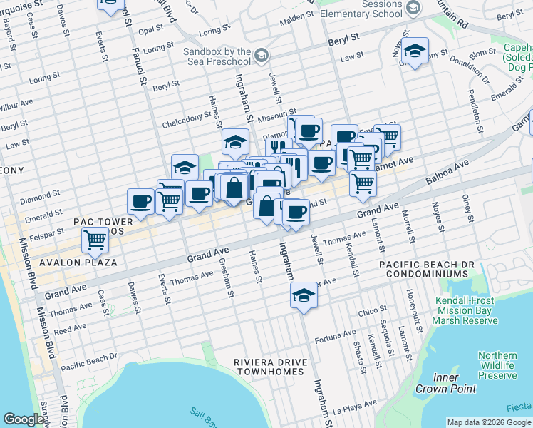 map of restaurants, bars, coffee shops, grocery stores, and more near 1550 Hornblend Street in San Diego