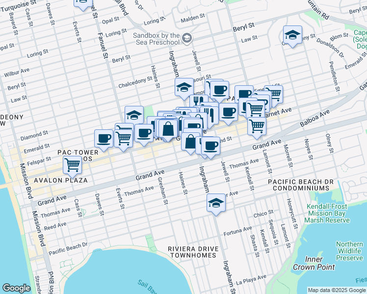 map of restaurants, bars, coffee shops, grocery stores, and more near 1550 Hornblend Street in San Diego