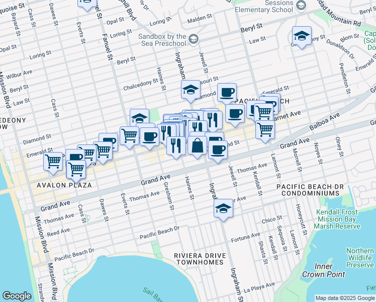 map of restaurants, bars, coffee shops, grocery stores, and more near 1550 Hornblend Street in San Diego