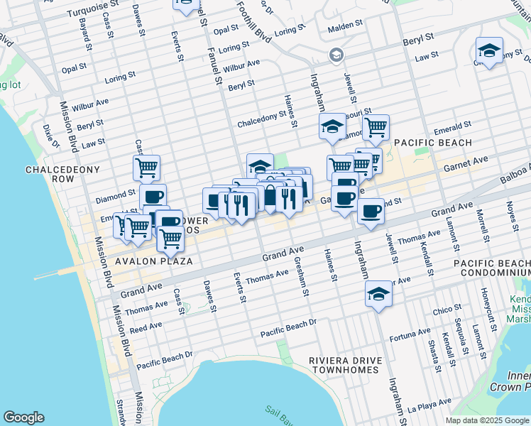 map of restaurants, bars, coffee shops, grocery stores, and more near 1339 Garnet Avenue in San Diego