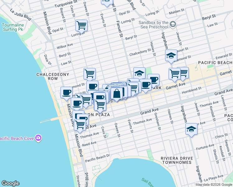 map of restaurants, bars, coffee shops, grocery stores, and more near 1168 Felspar Street in San Diego