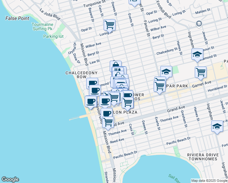map of restaurants, bars, coffee shops, grocery stores, and more near 930 Emerald Street in San Diego