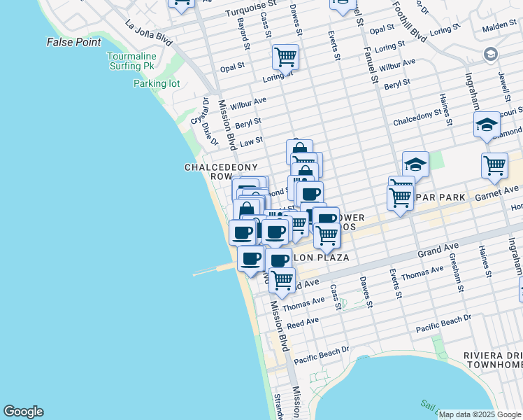map of restaurants, bars, coffee shops, grocery stores, and more near 856 Emerald Street in San Diego