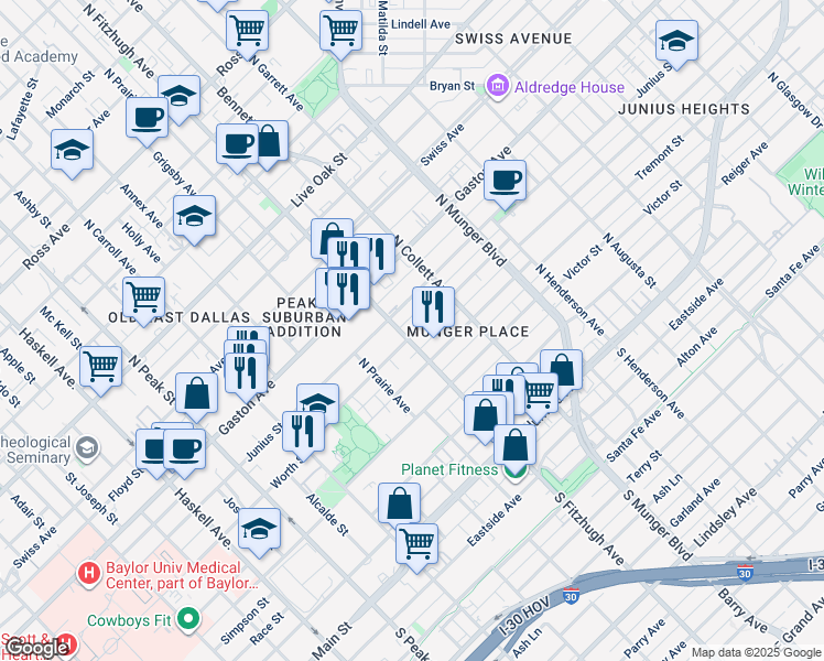 map of restaurants, bars, coffee shops, grocery stores, and more near in Dallas