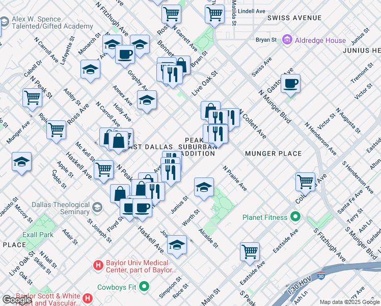 map of restaurants, bars, coffee shops, grocery stores, and more near 1002 Annex Avenue in Dallas