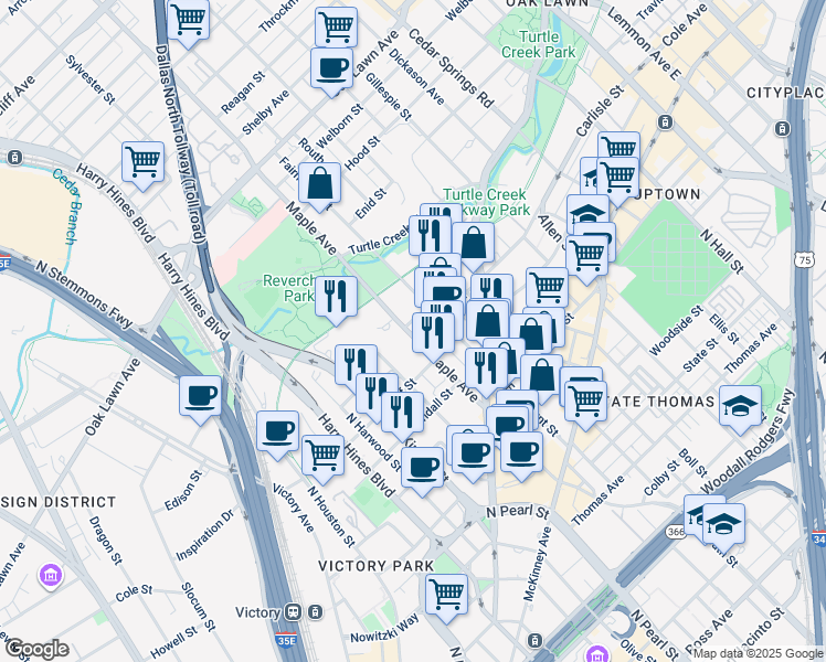 map of restaurants, bars, coffee shops, grocery stores, and more near in Dallas