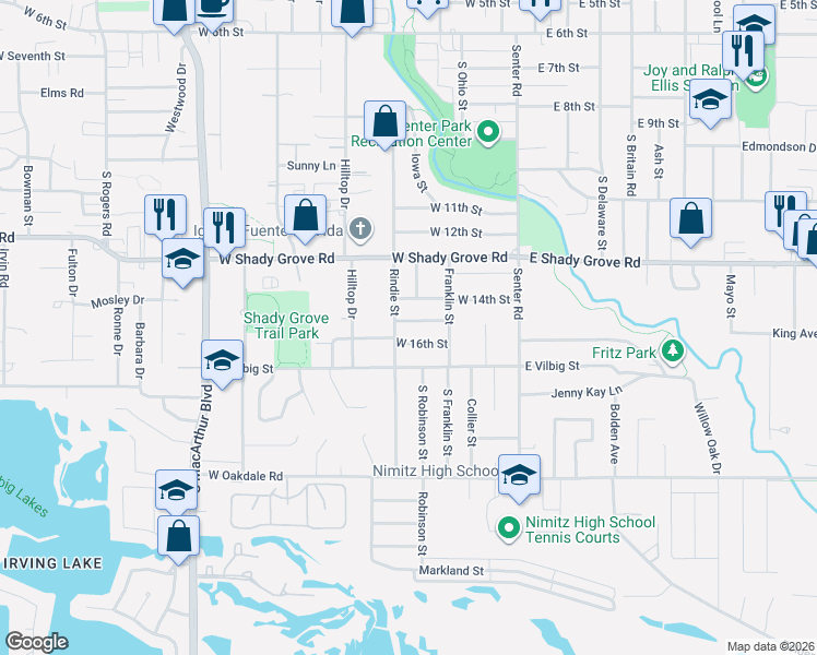 map of restaurants, bars, coffee shops, grocery stores, and more near 406 West 15th Street in Irving