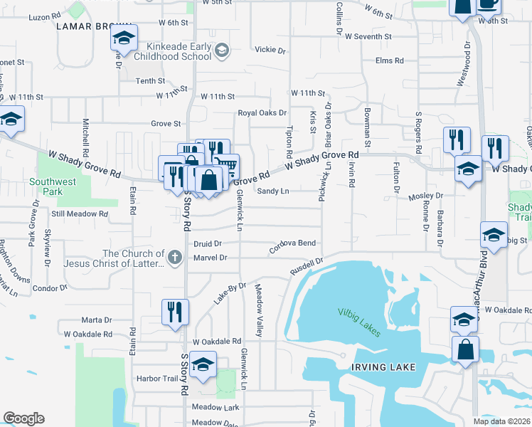 map of restaurants, bars, coffee shops, grocery stores, and more near 2026 Woodoak Drive in Irving