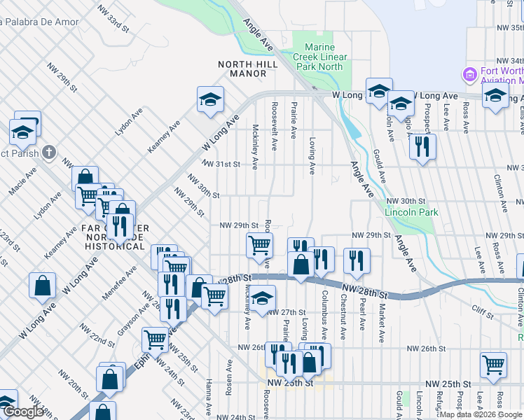 map of restaurants, bars, coffee shops, grocery stores, and more near 2962 Roosevelt Avenue in Fort Worth