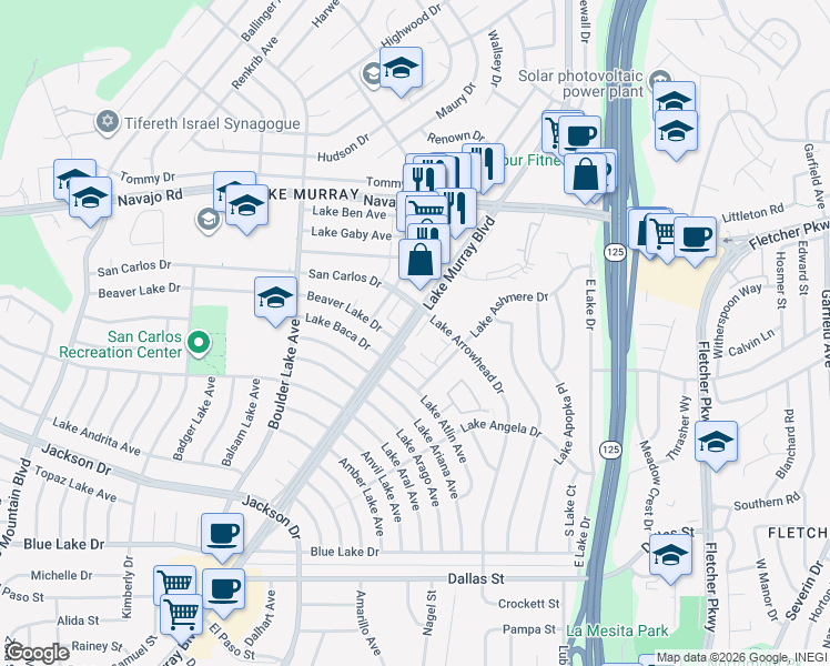 map of restaurants, bars, coffee shops, grocery stores, and more near 8585 Lake Murray Boulevard in San Diego