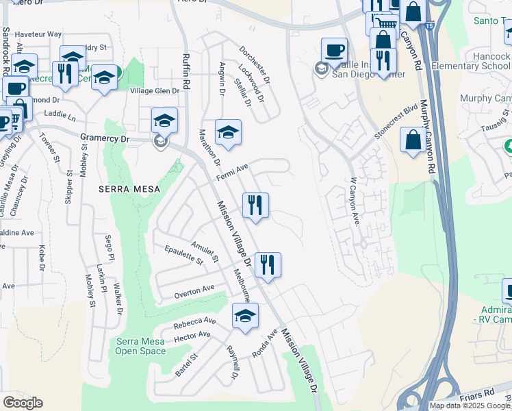 map of restaurants, bars, coffee shops, grocery stores, and more near 9401 Fullerton Ave in San Diego