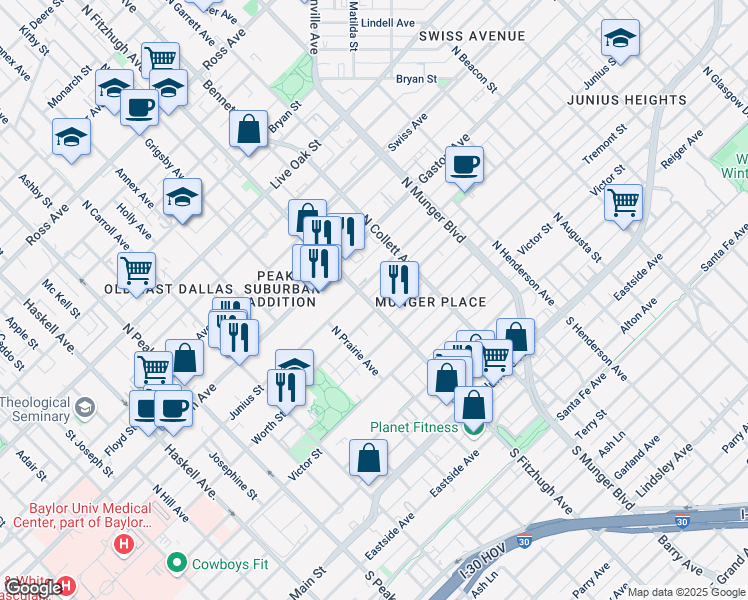 map of restaurants, bars, coffee shops, grocery stores, and more near 4903 Worth Street in Dallas