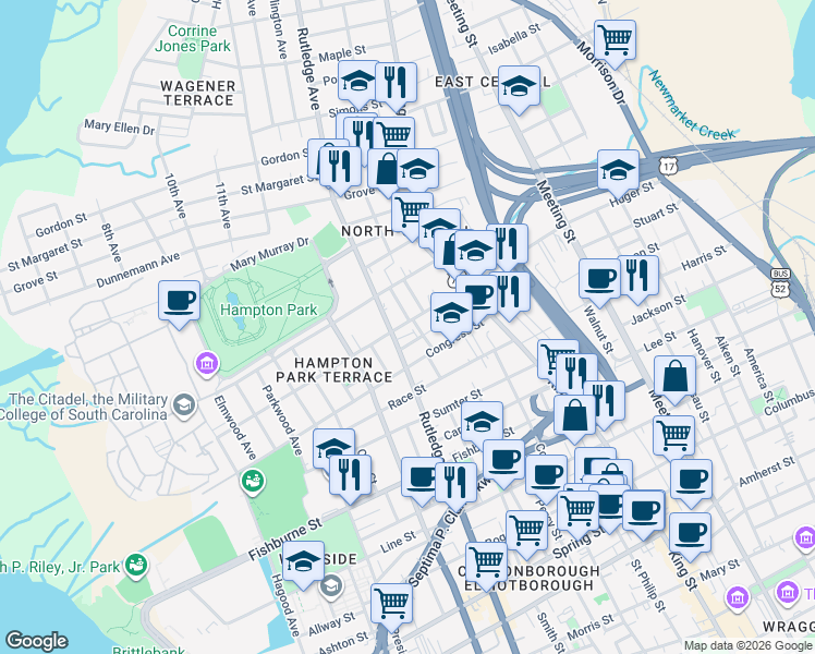 map of restaurants, bars, coffee shops, grocery stores, and more near 399 Huger Street in Charleston