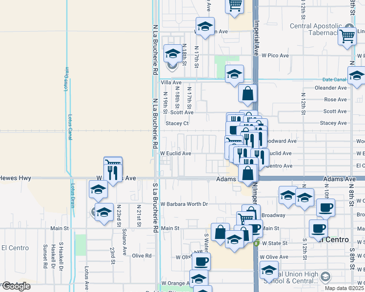 map of restaurants, bars, coffee shops, grocery stores, and more near 1780 West Euclid Avenue in El Centro