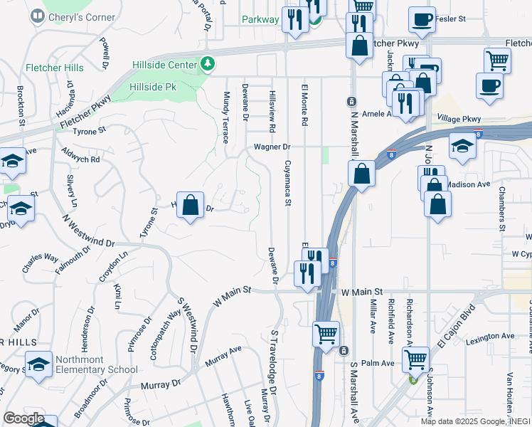 map of restaurants, bars, coffee shops, grocery stores, and more near 399 Dewane Drive in El Cajon