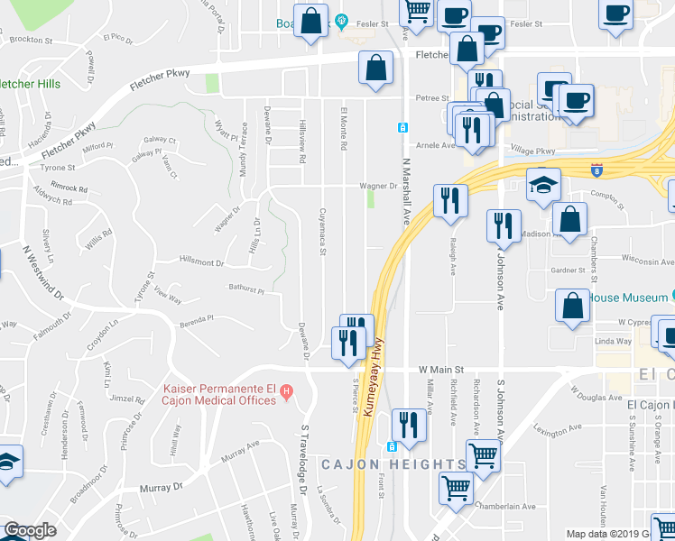 map of restaurants, bars, coffee shops, grocery stores, and more near 398 El Monte Road in El Cajon