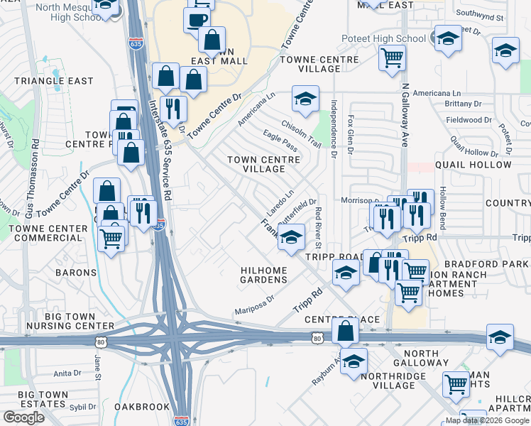 map of restaurants, bars, coffee shops, grocery stores, and more near 2602 San Saba Street in Mesquite