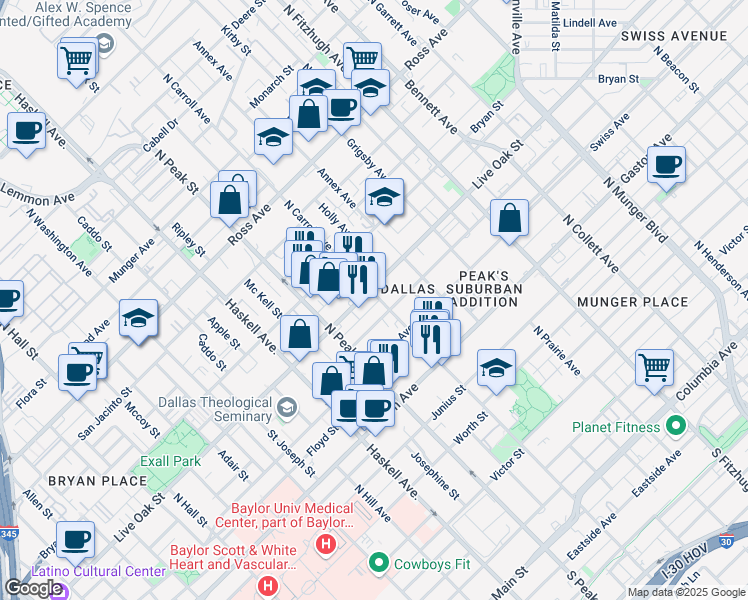 map of restaurants, bars, coffee shops, grocery stores, and more near in Dallas
