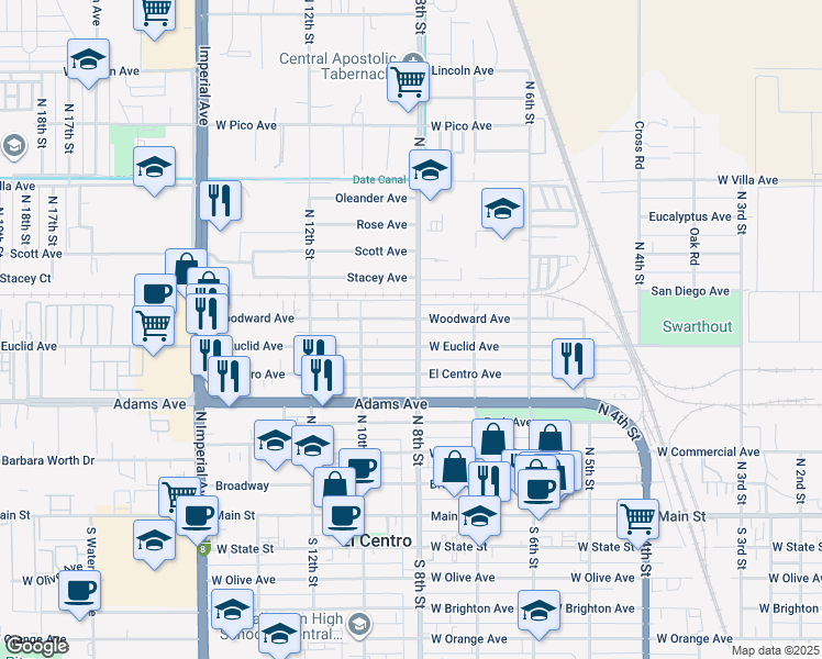 map of restaurants, bars, coffee shops, grocery stores, and more near 726 North 8th Street in El Centro