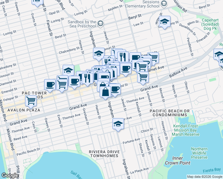 map of restaurants, bars, coffee shops, grocery stores, and more near 1621 Hornblend Street in San Diego