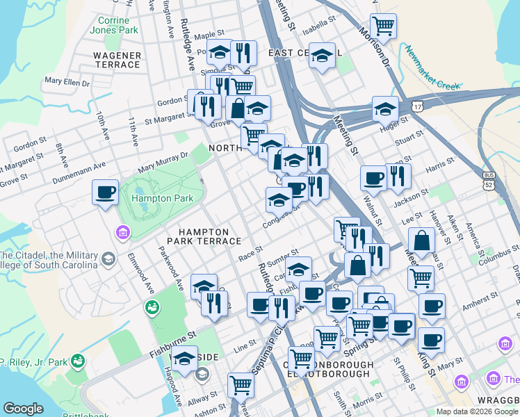 map of restaurants, bars, coffee shops, grocery stores, and more near 4 Senate Street in Charleston