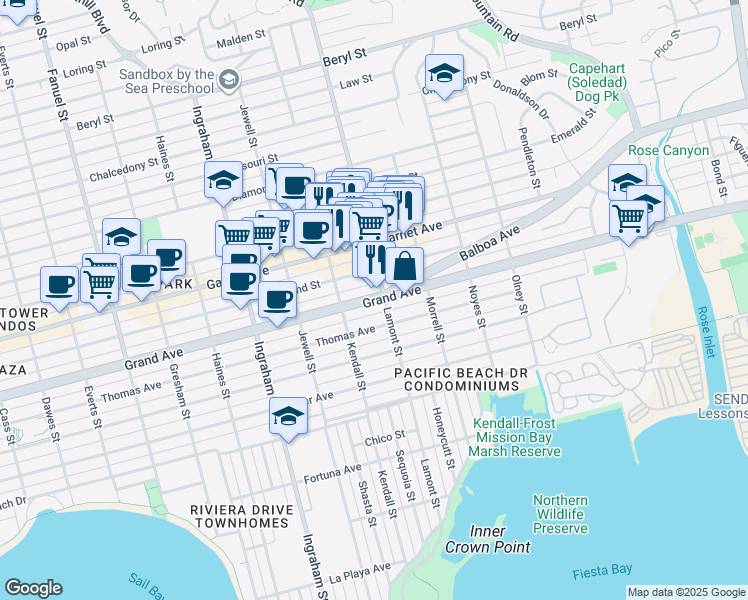 map of restaurants, bars, coffee shops, grocery stores, and more near Grand Avenue in San Diego