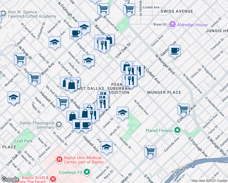 map of restaurants, bars, coffee shops, grocery stores, and more near 1002 Annex Avenue in Dallas