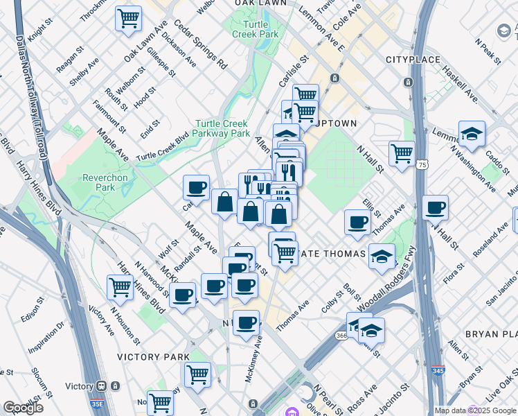 map of restaurants, bars, coffee shops, grocery stores, and more near 2714 Howell Street in Dallas