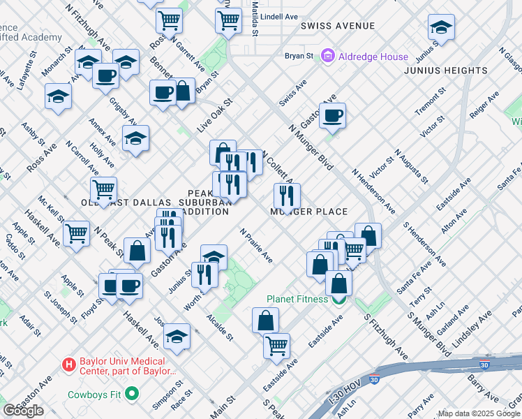 map of restaurants, bars, coffee shops, grocery stores, and more near 4902 Junius Street in Dallas