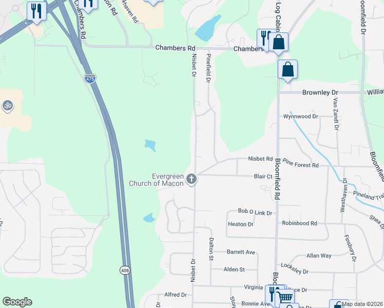 map of restaurants, bars, coffee shops, grocery stores, and more near 5141 Nisbet Drive in Macon