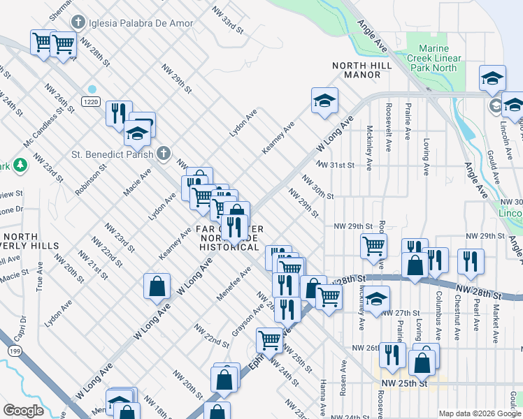 map of restaurants, bars, coffee shops, grocery stores, and more near 2622 Northwest 28th Street in Fort Worth