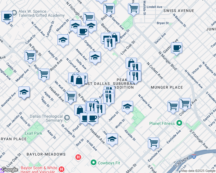 map of restaurants, bars, coffee shops, grocery stores, and more near 4609 Swiss Avenue in Dallas