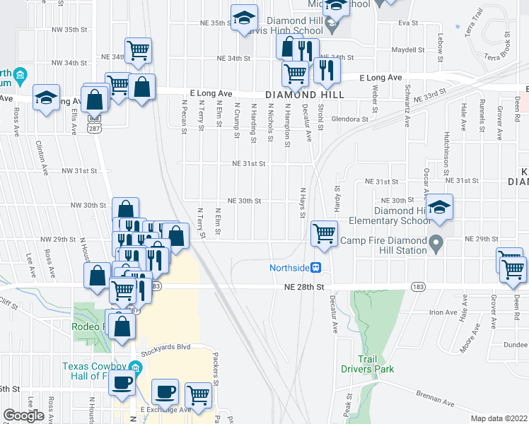 map of restaurants, bars, coffee shops, grocery stores, and more near 3021 North Nichols Street in Fort Worth
