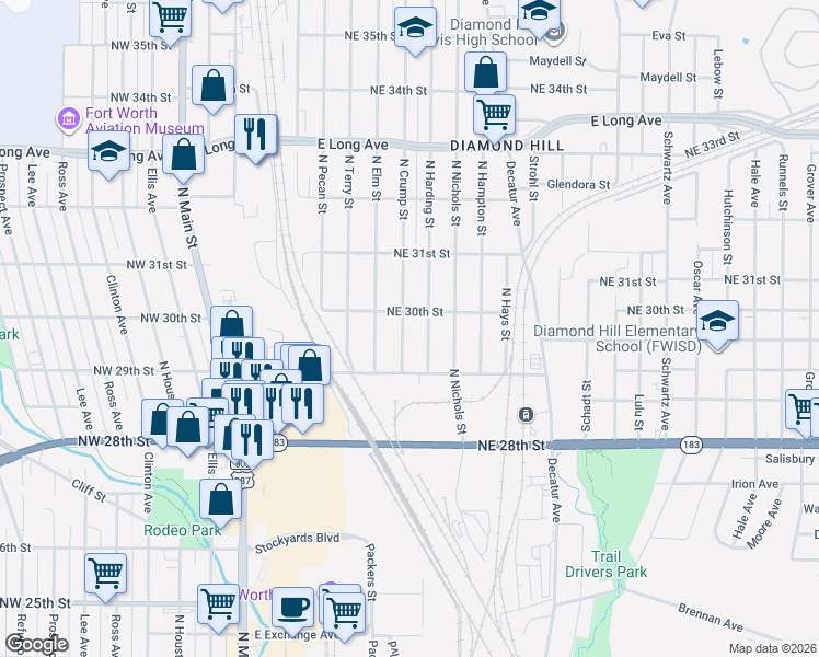 map of restaurants, bars, coffee shops, grocery stores, and more near 3020 North Crump Street in Fort Worth