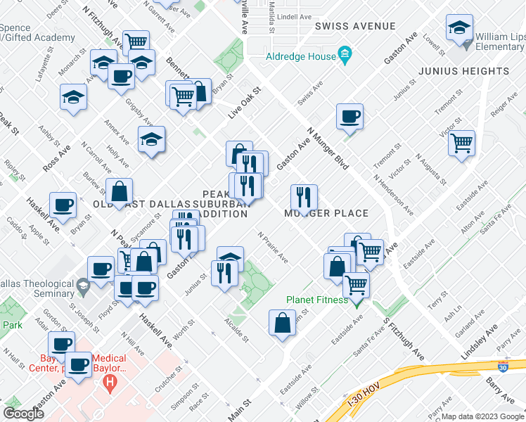 map of restaurants, bars, coffee shops, grocery stores, and more near 4831 Junius Street in Dallas