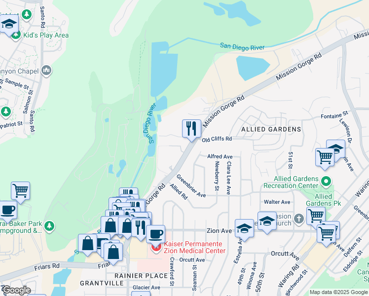 map of restaurants, bars, coffee shops, grocery stores, and more near 6902 Mission Gorge Road in San Diego