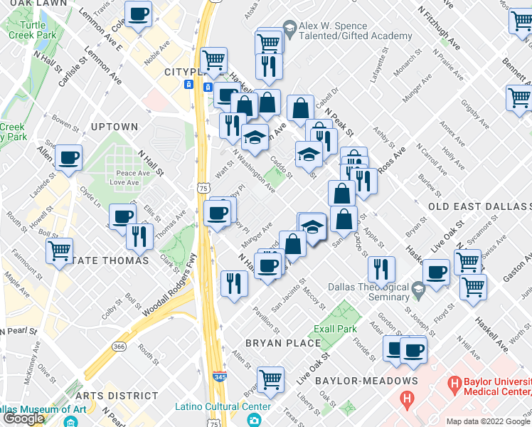 map of restaurants, bars, coffee shops, grocery stores, and more near 262 Wheatley Place in Dallas