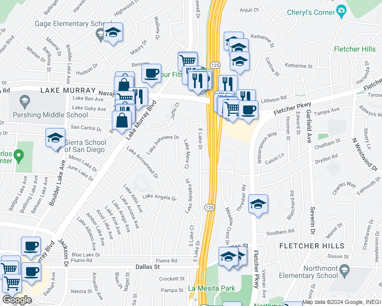 map of restaurants, bars, coffee shops, grocery stores, and more near 6451 Lake Mere Court in San Diego